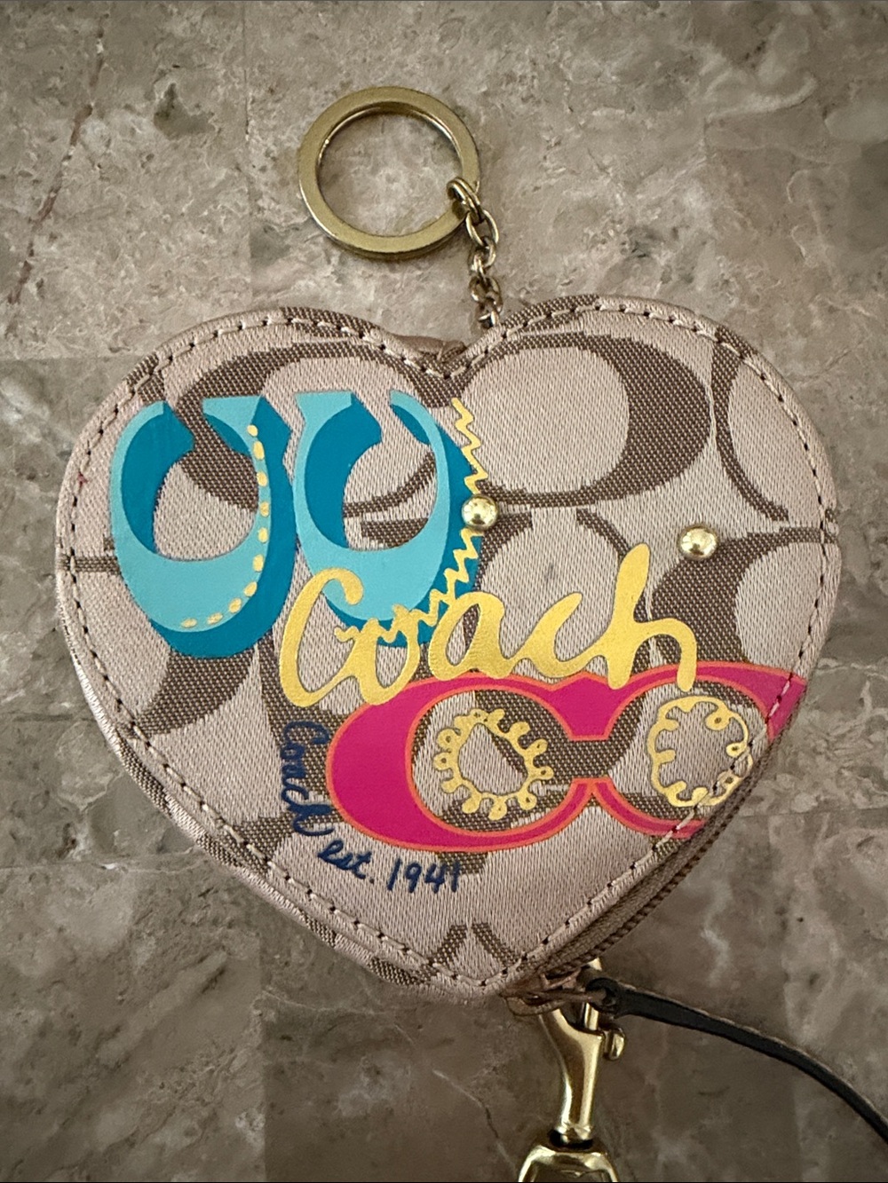 Coach Beige Signature Heart Coin Case Keychain with Blue, Pink & Yellow Accents - Picture 10 of 11